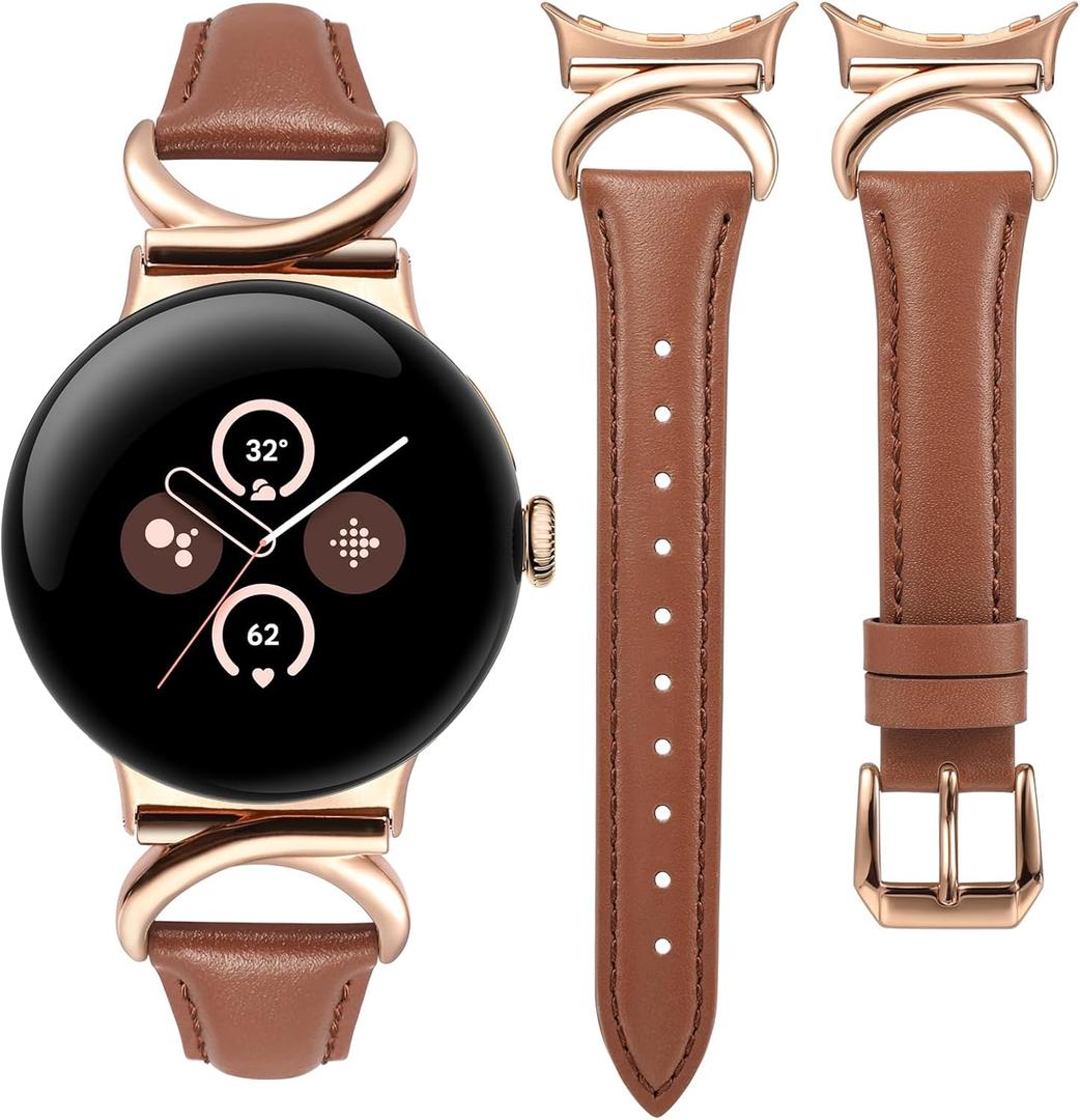 Minyee Leather Band Compatible with Google Pixel Watch 4/3 41mm/Pixel Watch 2/1 Bands Women,Slim Thin Dressy Designer Premium Leather Strap with C-Shape Metal Buckle for Google Smartwatch Accessories (Brown/Rose Gold)