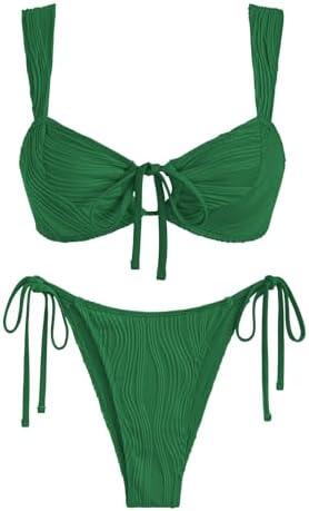 ZAFUL Women's Cinched Bikini Solid Color Wave Textured Knotted Tied Side Two Piece Swimsuit Bathing Suits Size M