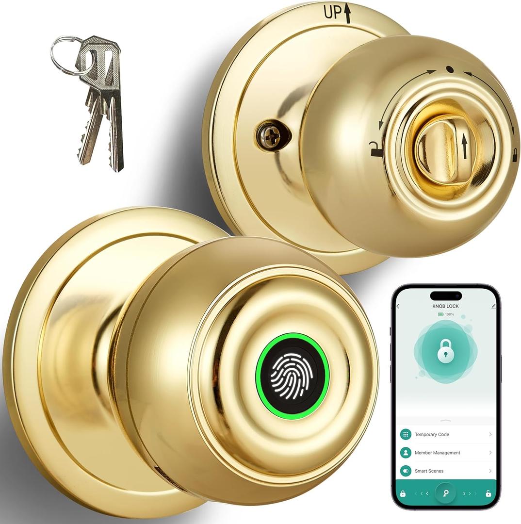 Fingerprint Door Lock, Smart Fingerprint Door Knob with Locks, Biometric Door Lock with App Control & Key, Keyless Thumbprint Entry Door Locks for Bedrooms, Front Door, Home, Apartment-Polished Brass