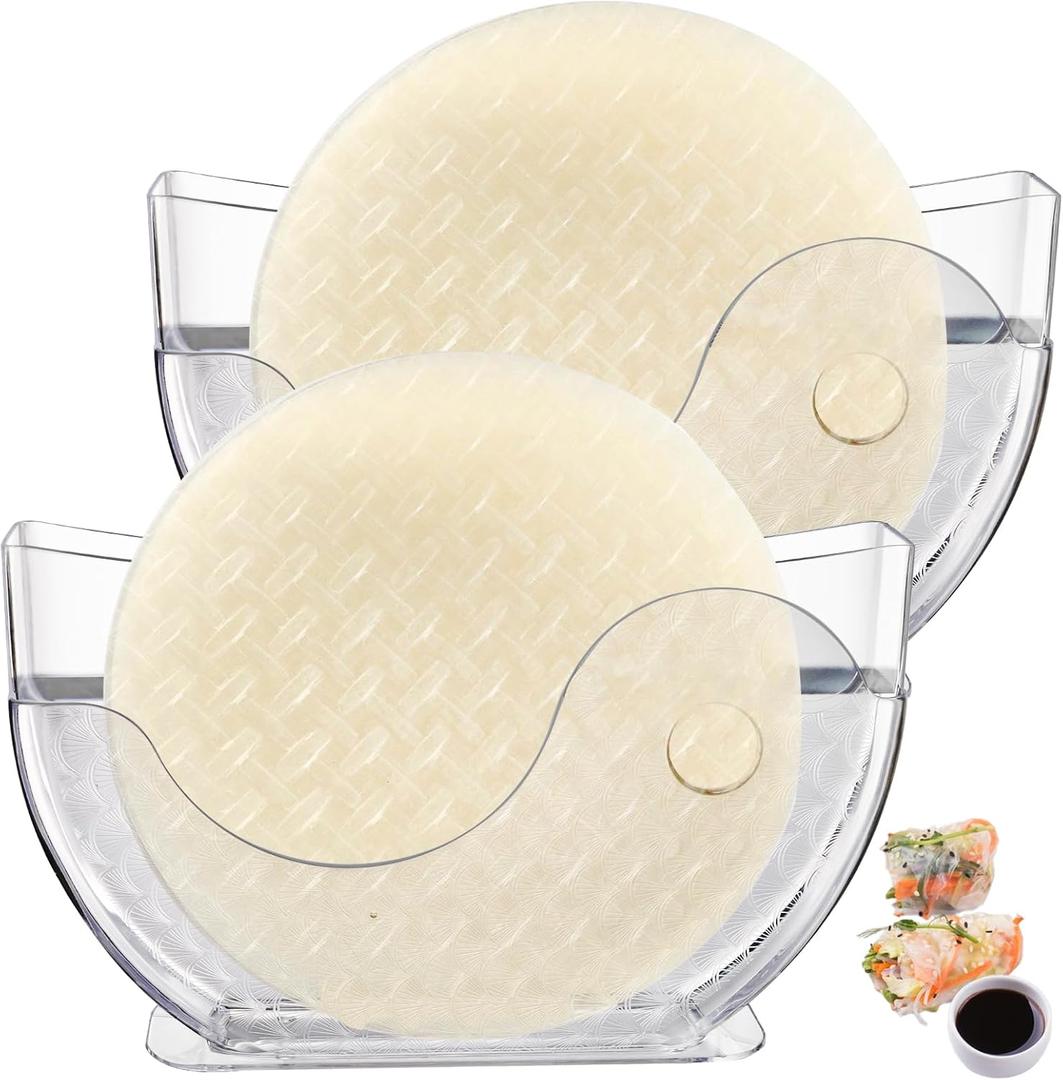 WRINGKIT 2 Pack Rice Paper Water Bowl Dipper, Spring Roll Water Bowl with Side Pocket, Plastic Rice Paper Holder for Spring Summer Roll Maker, Rices Papers Wrappers