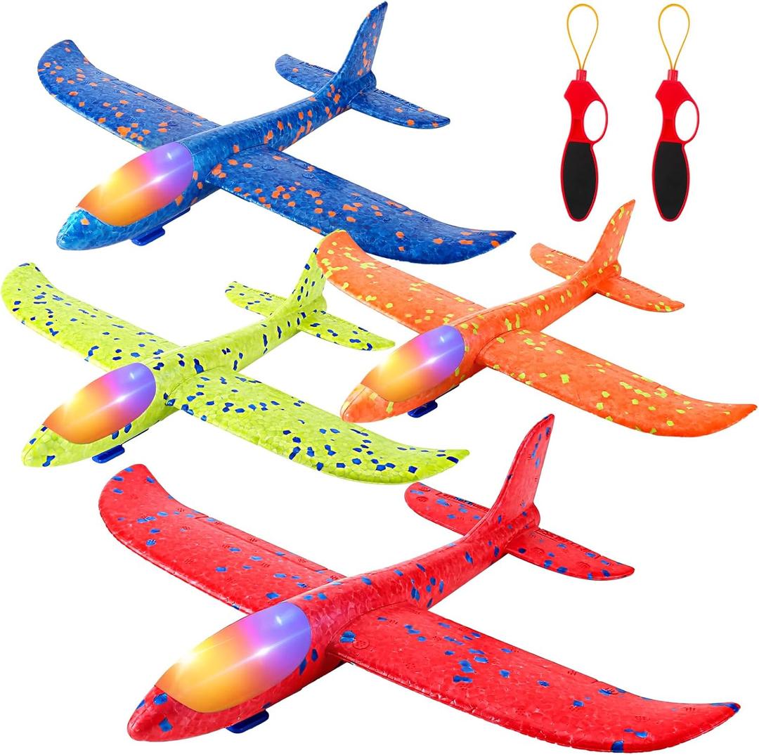 SpringFlower 4 Pack Airplane Flying Toys, 4 Throwing Foam Plane Toy for 3 4 5 6 7 8 Years Old Boys Kids, 2 Flight Modes LED Foam Glider Plane, Outdoor Flying Toy Birthday Gifts for for Boys & Girls