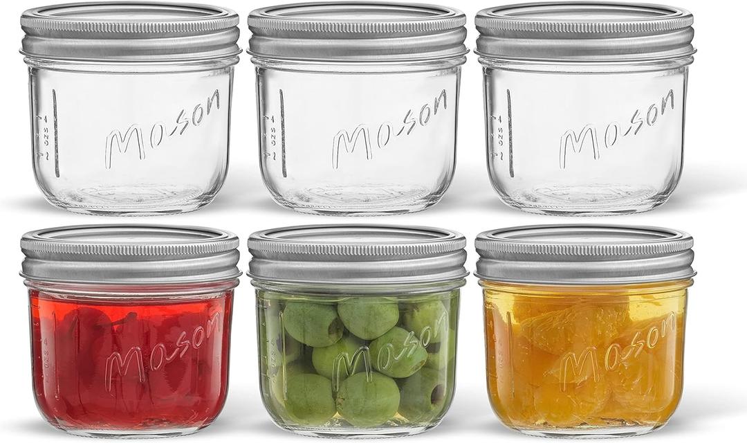 JoyJolt 8 Oz Mason Jars With Lids, Labels and Measures! 6-Pack Wide Mouth Mason Jars, Glass Jar with Lid and Band. Airtight Canning Jars, Overnight Oats Jars, Salad Jars, Sourdough Starter Jar