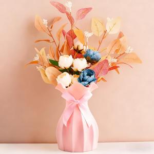 Small Plastic Flower Vase, Ceramic-Look Decorative Vase for Dried & Artificial Flowers, Cute Unbreakable Vase for Home Living Room Dining Wedding Decor(Pink)