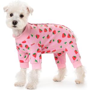 Small Dog Striped Recovery Suit, Puppy After Surgery Onesie for Female Male, Pet 4-Legged Pajamas Bodysuit, Surgery Abdominal Wound Bandages Clothes Pant for Shedding Skin Disease (Strawberries)
