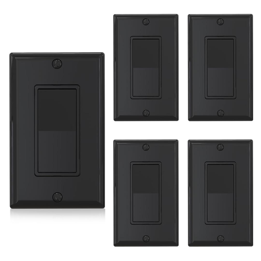 ELEGRP Single Pole Decors Light Switch with Plate 15Amp, 120-277V, Paddle Rocker Switch Replacement, On/Off Wall Switch, Self-Grounding, Residential Grade, w/Wall Plate, UL/CUL (5 Pack Glossy Black)