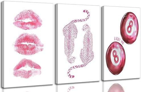 3Pcs Trendy Pink Leopard Canvas Wall Art Funky Retro Fashion Cheetah Kiss Lips Lucky 8 Ball Aesthetic Painting Pictures Wall Decor Poster Prints Artwork for Girls Dorm Living Room Bedroom