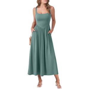 ANRABESS Sundresses for Women 2025 Summer Casual Sleeveless Square Neck Smocked Flowy Beach Vacation Midi Dress with Pockets (Medium, Green)
