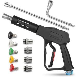 Swivel Pressure Washer Short Gun,Sturdy 5000PSI Power Washer Handle with Replacement Extand Wand Carwash Water Spray Washing Gun and 3/8 Plug & M22-14mm & M22-15mm and 1/4 Adapter 5 nozzles (short gun with two extension rod set)