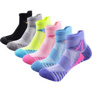 J.WMEET Womens Ankle Socks Athletic Cushioned Breathable Performance Sport Tab Cotton Quarter Women's Running Socks 6 Pack (5-9, Pink/Blue/Neon Green/Purple/Black/Grey)
