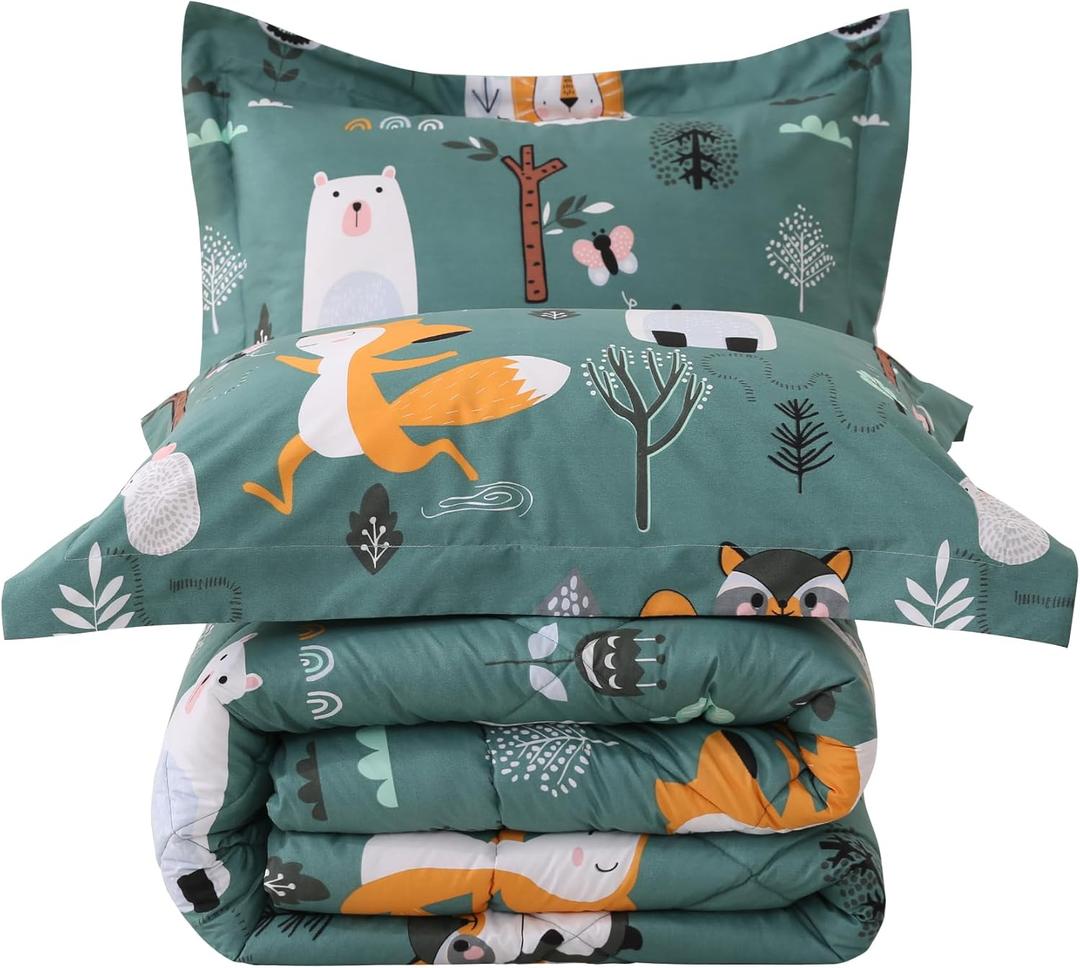 JSD Green Forest Animals Kids Comforter Set Queen Size, 3 Piece Woodland Printed Microfiber Bedding Set, Machine Washable
