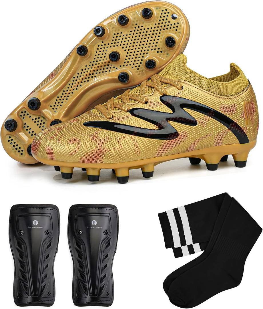 brooman Kids Firm Ground Soccer Cleats Boys Girls Football Shoes with Shin Guards and Soccer Socks (Yellow, 13)