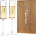 AW BRIDAL Anniversary Champagne Flutes Set of 2, Crystal Toasting Glasses with Wooden Keepsake Box, Couple Gifts for Married Couples, Parents, Wedding Anniversary Engagement Gifts (Then & NowBrown)