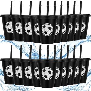 Domensi 20 Pcs Soccer Party Favor Cups Bulk 16oz Soccer Cups Reusable Plastic Tumbler with Lid and Straw for Team Coach Friend Fan Men Women Gifts Party Favor Decoration Supplies (Black/White)