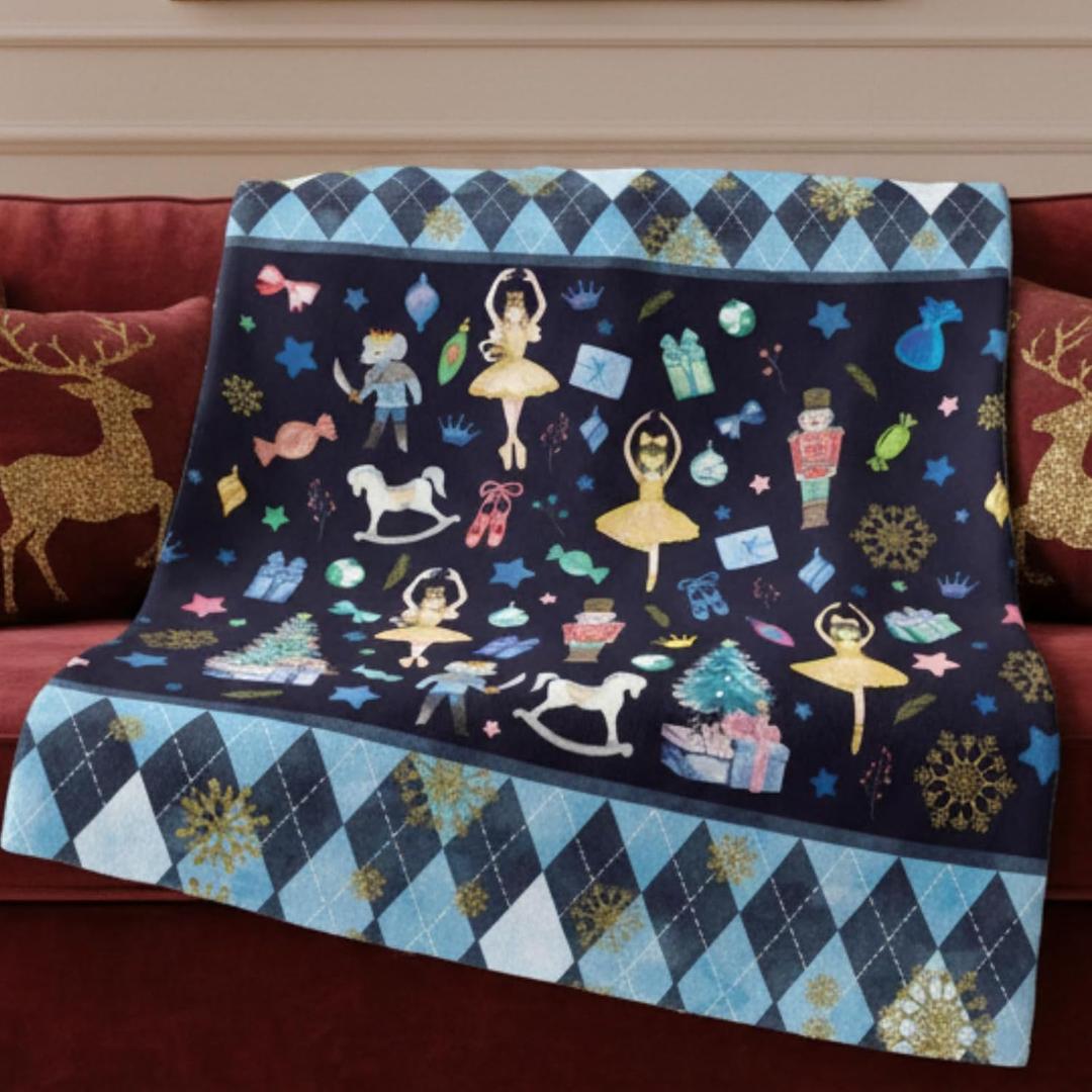 Buryeah Blue Christmas Nutcracker Throw Blanket Nutcracker Ballet Blanket Xmas Warm Flannel Fleece Throw Comfortable Cozy Decorative for Christmas Home Bed Sofa Couch Decor