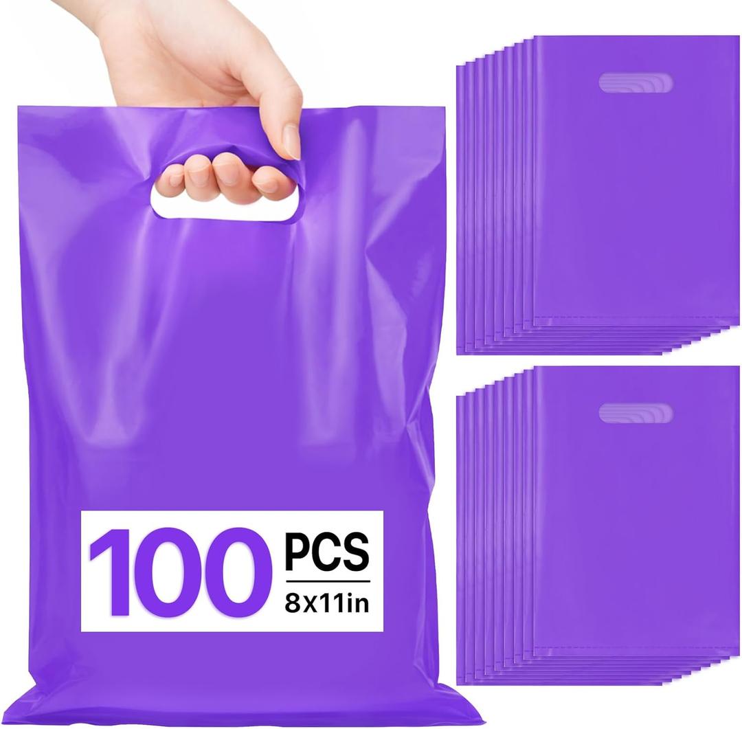 ANZNKU 100 PCS Purple Party Favor Bags 8"x11", Goodie Bag for Candy Treat Jewelry Craft, Plastic Gift Bags with Die Cut Handles for Birthday, School Events & Small Business, Wedding, Easter