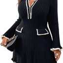 SOLY HUX Women's Plus Size Long Sleeve Knitted Sweater Dress Half Button Down Collar Bodycon Mini Dresses (XX-Large Plus, Pure Black)