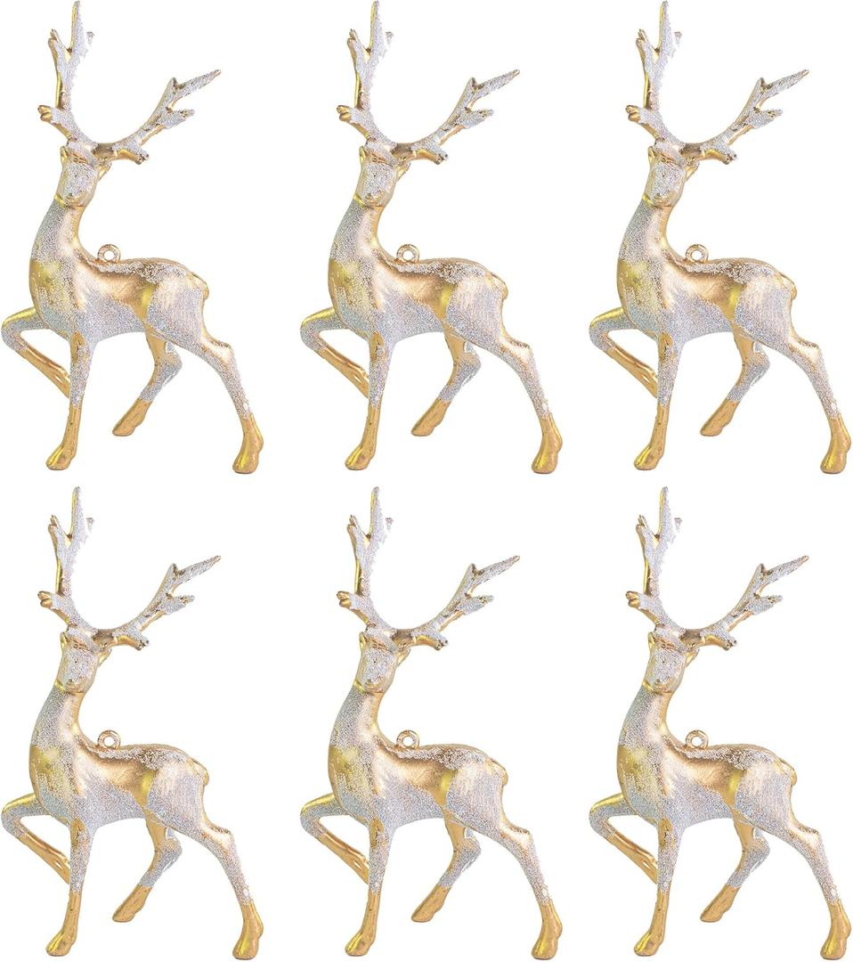 iPEGTOP 6 Pcs Christmas Deer Frosted Reindeer Hanging Elk Ornaments, Mini 6.7 x 4 inches Holiday Deer Figurines Statues for Christmas Tree Home Tabletop Decoration, Gold (Gold)