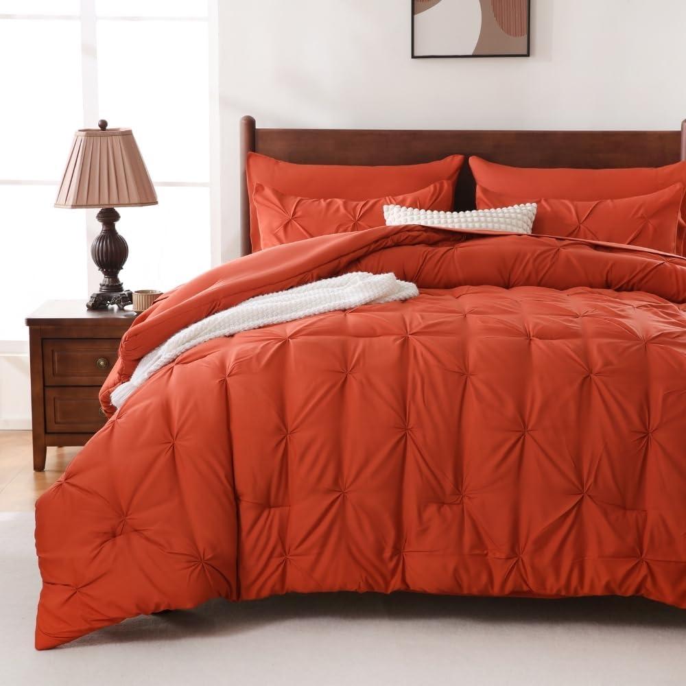 Sheet&Joy Queen Comforter Set, 7-Piece Bed in a Bag, Pintuck Bedding Sets for All Season, Includes Comforter, Flat Sheet, Fitted Sheet, Pillowcases and Pillowshams, Orange