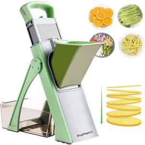 Upgrade Safe Mandoline Slicer for Kitchen, SupMaKin Bigger Entrance Vegetable Food Slice Potato Slicer Chopper, Adjustable Thickness Multi Mandolin, Julienne + Dicer Kitchen Must Haves Green