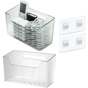 Set Of 2 Storage Organizer Bins Wall Mounted Shower Basket, Shower Caddy Stackable Clear Plastic Makeup Organizer Adhesive Hanging Bin for Bathroom, Kitchen, Cabinet, Pantry, BPA Free, Clear