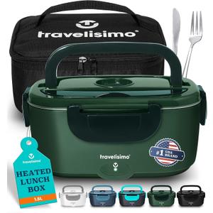 TRAVELISIMO Electric Lunch Box for Adults 80W Heated Lunch Box For Men 1.5L Stainless Steel Portable Food Warmer, 12/24/110V Electric Food Warmers for Travel & Work, Loncheras Para Hombres de Trabajo (Dark Green)
