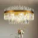 Modern Gold Crystal Chandelier, 9-Light 2-Tier Round Brushed Gold Raindrop Adjustable Flush Mount Pendant Light, E12 Base for Dining Room Living Room Foyer Entryway - 23.6" D