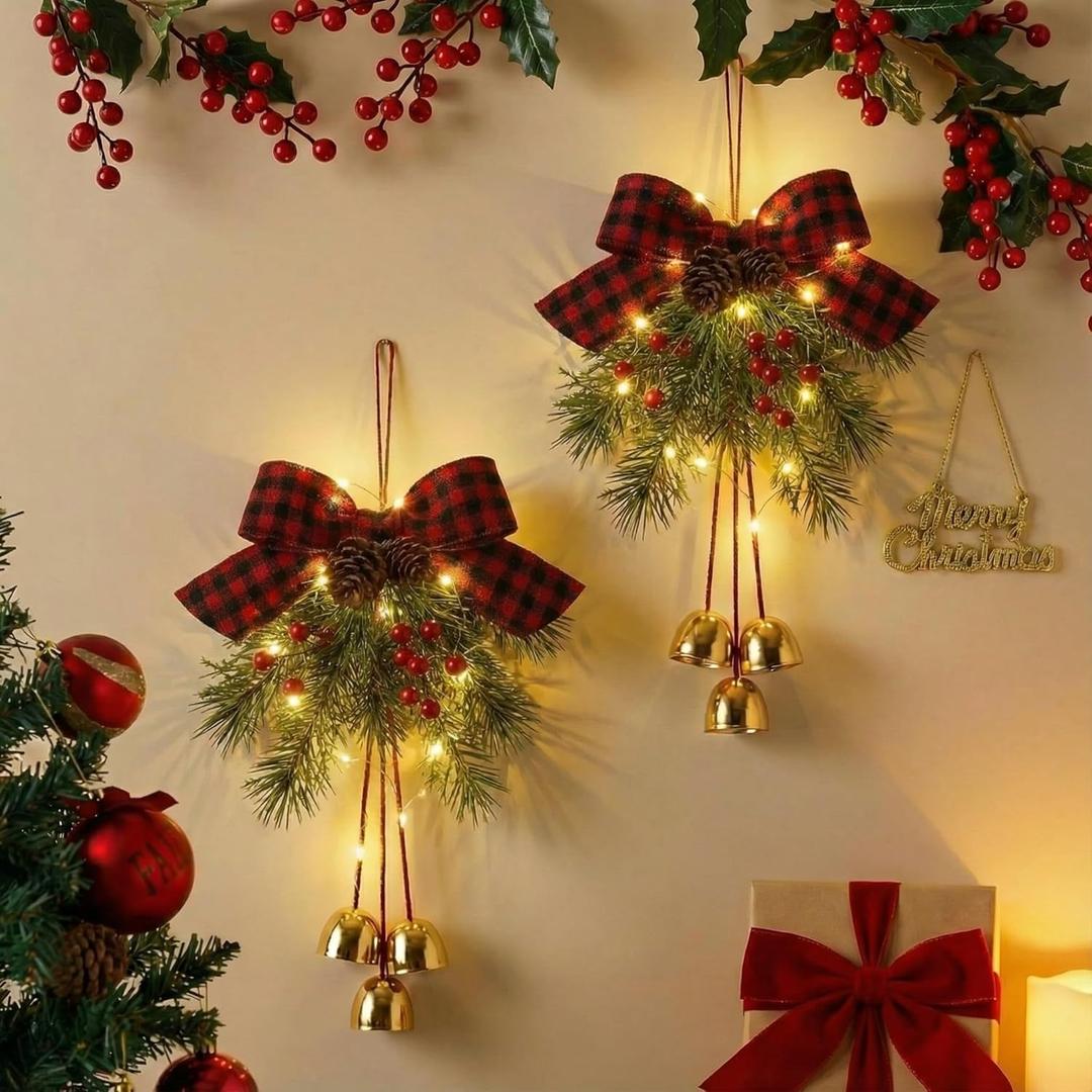 Knitgrip 2 Pcs 15 Inch Christmas Bells Decoration for Front Door Artificial Wreath Bows with Bells, Pinecone, Cypress, Berries, Lights Large Xmas Hanging Ornament for Tree Topper(Red Black)