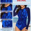 Women's Long Sleeve Rash Guard UV Protection Zipper Printed Surfing One Piece Swimsuit Bathing Suit (Blue)