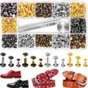 240 Sets Leather Rivets Kit, Double Cap Brass Rivets Leather Studs with 3PCS Setting Tools for Leather Repair and Crafts, 4 Colors and 3 Sizes