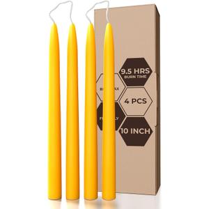 CANDWAX Beeswax Taper Candles 10 inch Set of 4 - Non Toxic and 100% Pure Beeswax Candles Ideal as Dinner Candles or Church Candles - Dripless Handmade Candles Beeswax Burns for 9.5 Hours