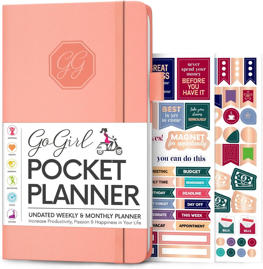 GoGirl Planner and Organizer for Women  Pocket Weekly Planner, Goals Journal & Agenda for Time Management & Productivity. Undated (Peach Pink)