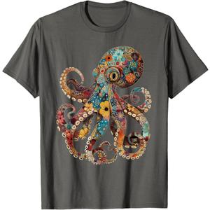 Octopus Floral Vintage Flowers Squid Kraken Scuba Diving T-Shirt, XL