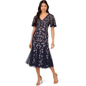 Adrianna Papell Beaded Mesh Midi Dress (14, Black)