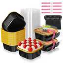 HEYYUMI 10oz Aluminum Foil Brownie Pans with Lids and Spoons, 25 Pack Square 4”X4” Disposable Ramekins Muffin Tins,Mini Cake Pans Baking Cups,Individual Cupcake Containers Dessert Cups - Black Gold