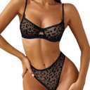 Lilosy Sexy Mesh Sheer Underwire Push Up Lingerie Set Lingerie Set (Large, Leopard Black)