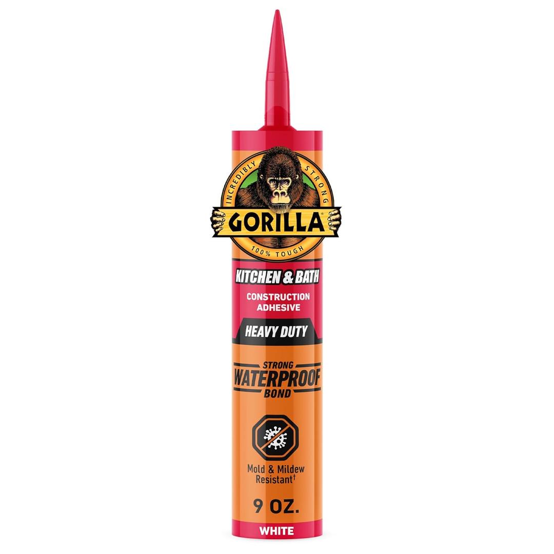 Gorilla Kitchen & Bath Construction Adhesive, Heavy Duty Strong Waterproof Bond, White, 9 fl. oz. Cartridge