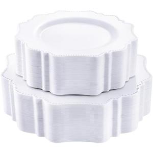 COLOSUS 100 pcs White Plastic Plates Set, Heavy Duty Disposable Plates include 50 Dinner Plates and 50 Dessert Plates, Plastic Disposable plates for Everyday Meals, Family Dinner, Picnic, BBQ and Party Use