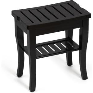 Bamboo Shower Bench, Spa Small Shower Stool for Inside Shower Waterproof, Bathroom Bench Seat with Storage Shelf for Adults Elderly Seniors, Wood Chair for Indoor or Outdoor Use, Black