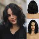 simkaylee Short Black Wavy Wig for Women 14 Inch Shoulder Length Middle Part Curly Bob Wig Natural Looking Synthetic Heat Resistant Fiber Wig for Daily Party Cosplay Use (14 Inch)