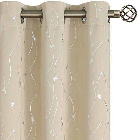 Room Darkening Curtains 72 Inches Long, Grommet Thermal Insulated Blackout Curtains with Wave Line and Dots Printed for Bedroom, 2 Panels, Each 42 x 72 Inch, Beige