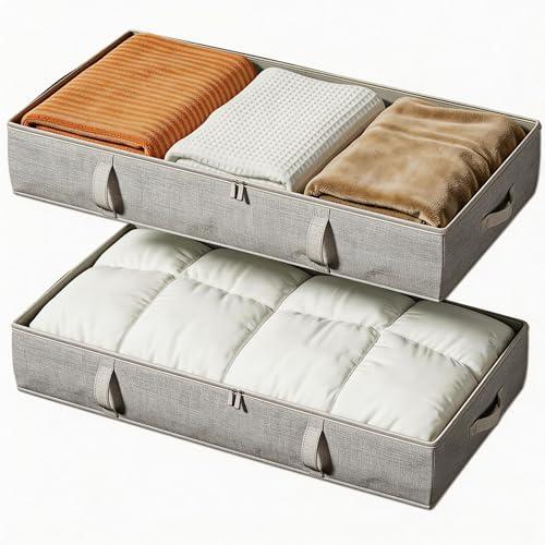 Vailando Storage Containers, 6 Inches Tall 60L Underbed Storage Bins with Sturdy Handles and Sidewalls, Closet Organizer for Clothes, Blankets, Seasonal Items, Gray, 2-Pack