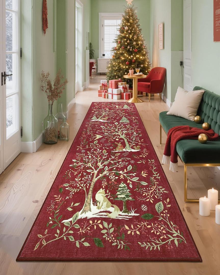 GarveeHome Christmas Runner Rug 2x8 Washable Red Kitchen Rugs, Non Slip Entryway Carpet Hallway Runner Stain Resistant Soft Christmas Tree Forest Animal Print for Bathroom Bedroom Holiday Decor