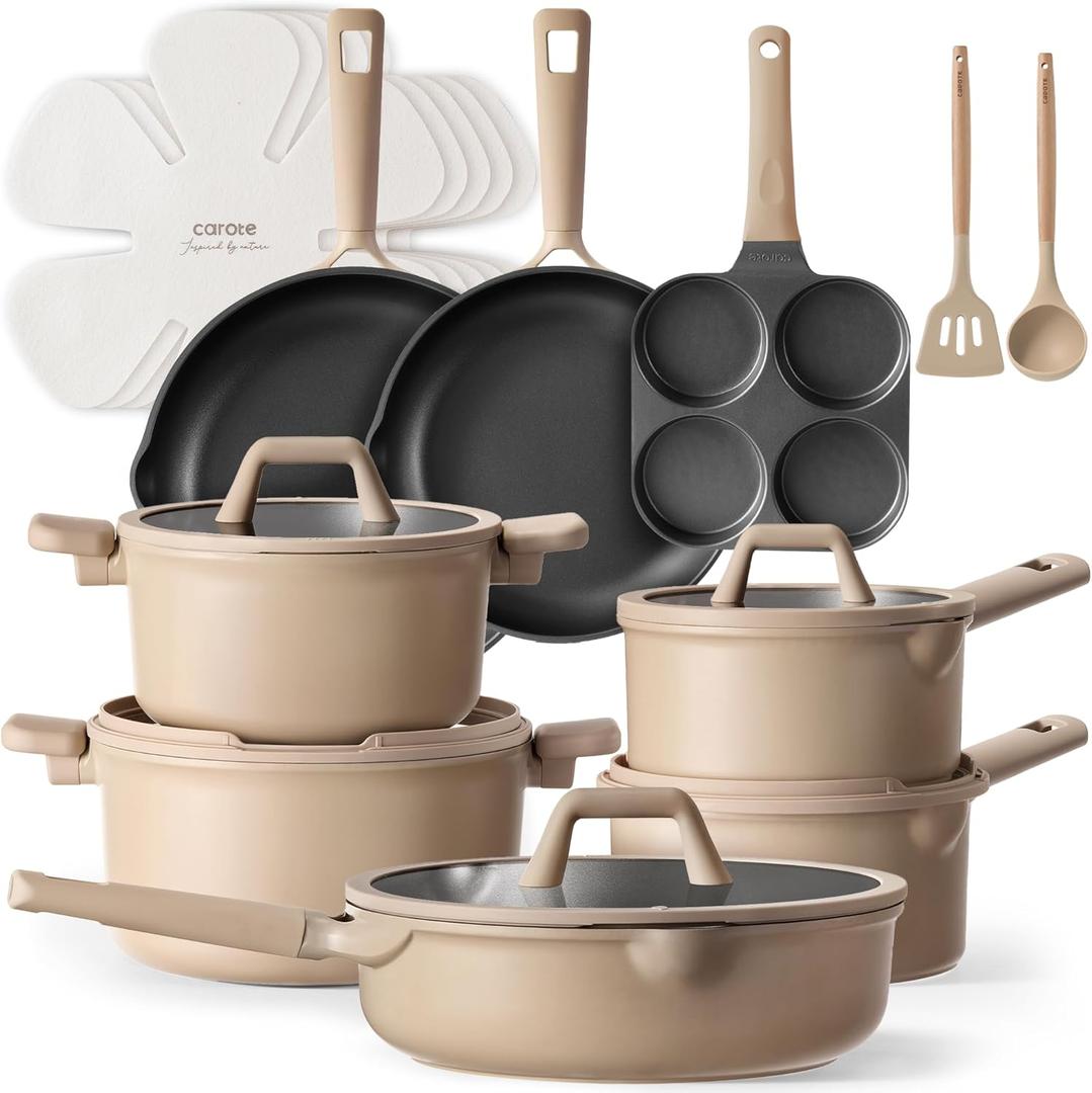 CAROTE 19pcs Nonstick Cookware Set, Pots and Pans Set Non Stick, kitchen Cooking Set, Premium Induction Cookware, Frying pan, Large Capacity Granite, Brown (19 Piece)