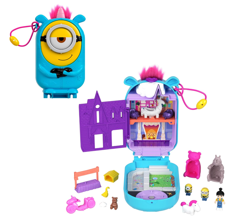 Polly Pocket & Minions Playset with 1 Doll, 2 Minions Figures & Fluffy the Unicorn Toy, Collectible Compact with 9 Accessories