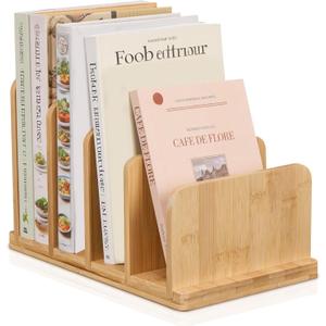 Cook Book Organizer,Bamboo Cookbook Stand for Kitchen Counter with 4-Slot,Sturdy Recipe Book Holder Stand for Convenient Cookbook Storage