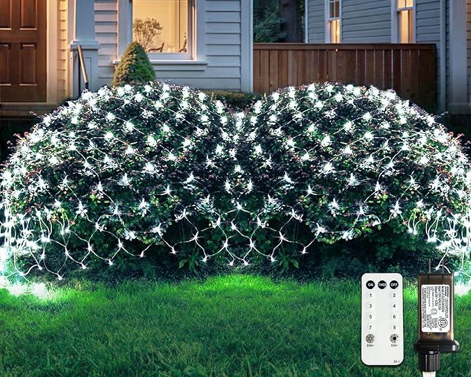 JMEXSUSS Outdoor Net Lights Waterproof, 12ft x 5ft with 8 Modes Remoter, 360 LED Plug in Net Lights for for Bush Patio Christmas Tree Decor (Clear Wire, White)