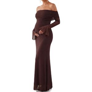 Women Maternity Off Shoulder Long Sleeve Baby Shower Dress Mesh Bodycon Maxi Dress Formal Wedding Guest Dresses Medium