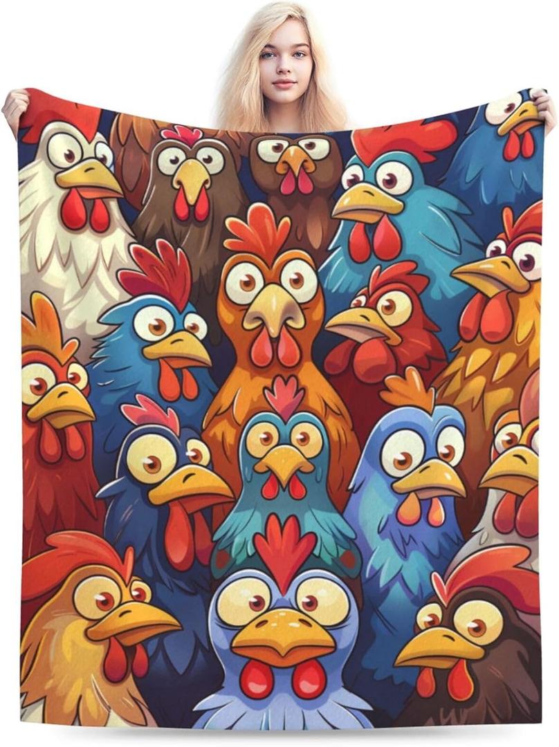 Funny Chicken Cartoon Blanket Gifts for Women, Kids, Colorful Farm Rooster Theme Flannel Blankets, Warm Cozy Soft Throw for Bedroom, Camping, Couch, Decor 60x80 in