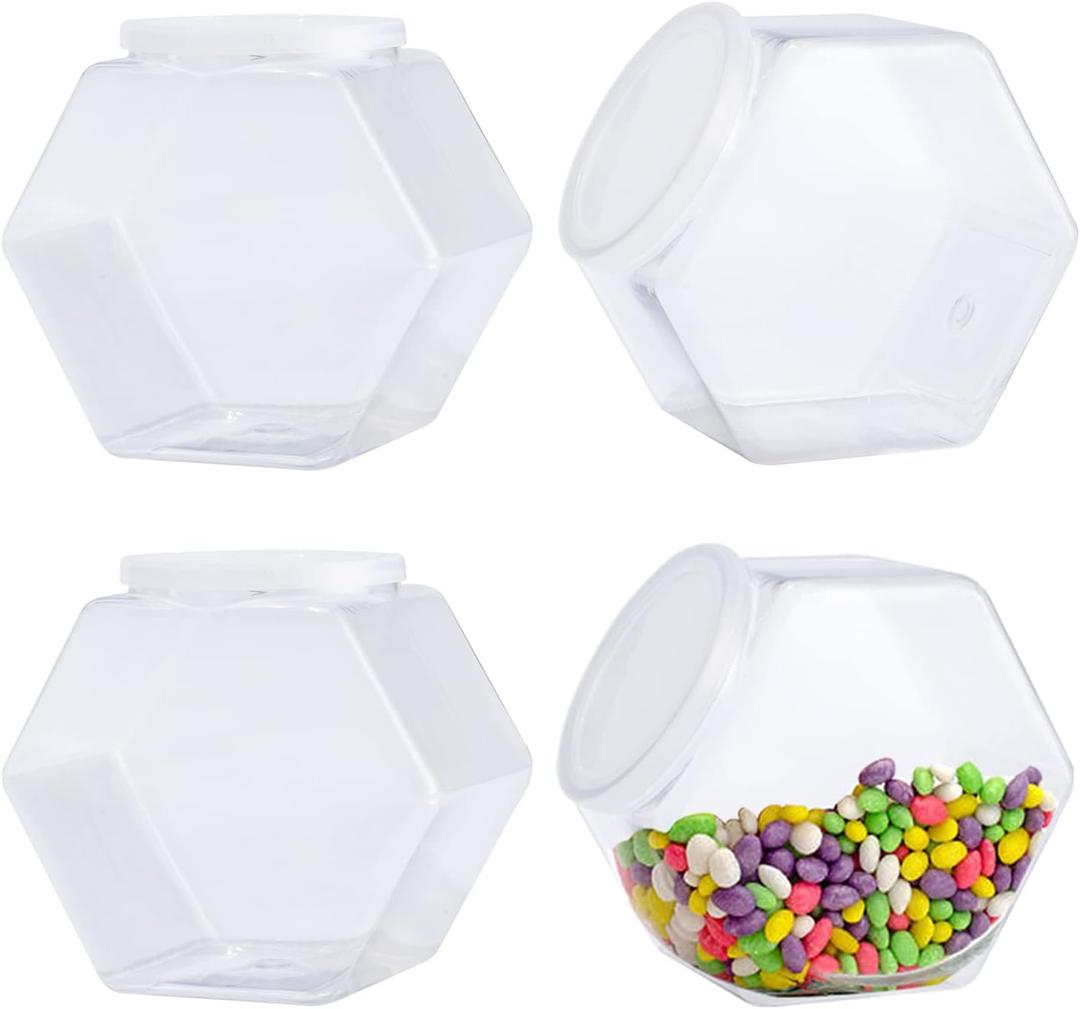 CAGSIG Candy jars with lids 4 Pack Plastic Candy Jars with Lid, Hexagon Candy Jars Cookie Jars for Kitchen, Clear Candy Containers for Snacks, Candy, Cookie, Dog Treats, Coffee Pod(30 OZ)