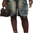 Denim Shorts Women High Waisted Summer Bermuda Stretchy Cargo Jean Casual Baggy Raw Hem Jorts with Pockets for Women (Large, Brown)